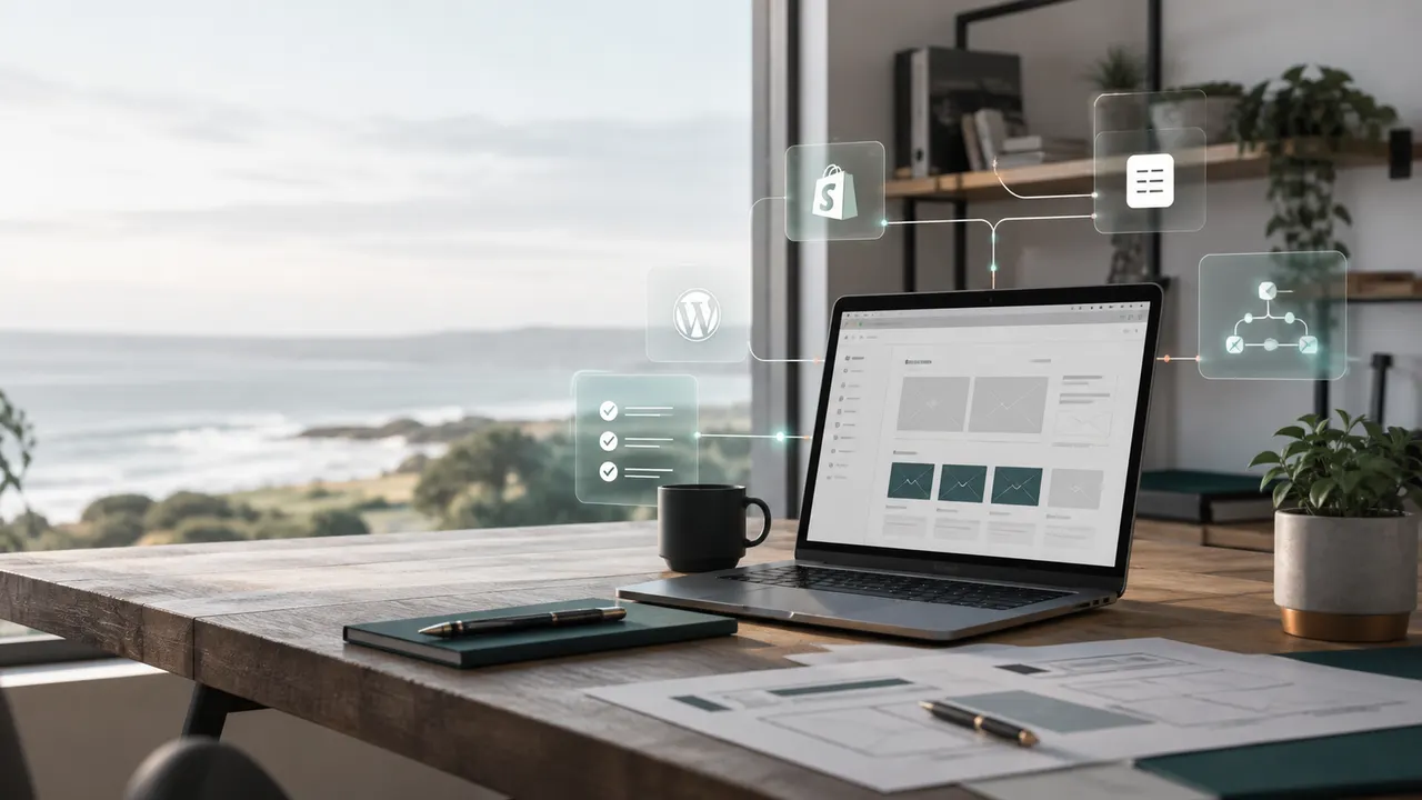 A tidy technology workbench showing website, store, and workflow systems connected together